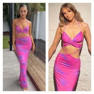 I.AM.GIA Pink Purple Cloud Print Karlie Cutout Halter Bodycon Maxi Dress S Sexy